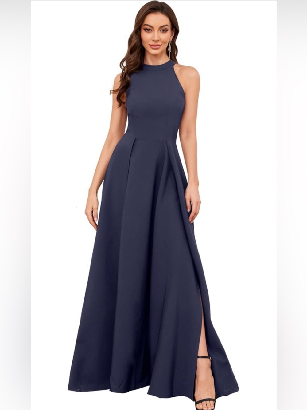 ❤️Navy High-Neck A-Line Evening Dress